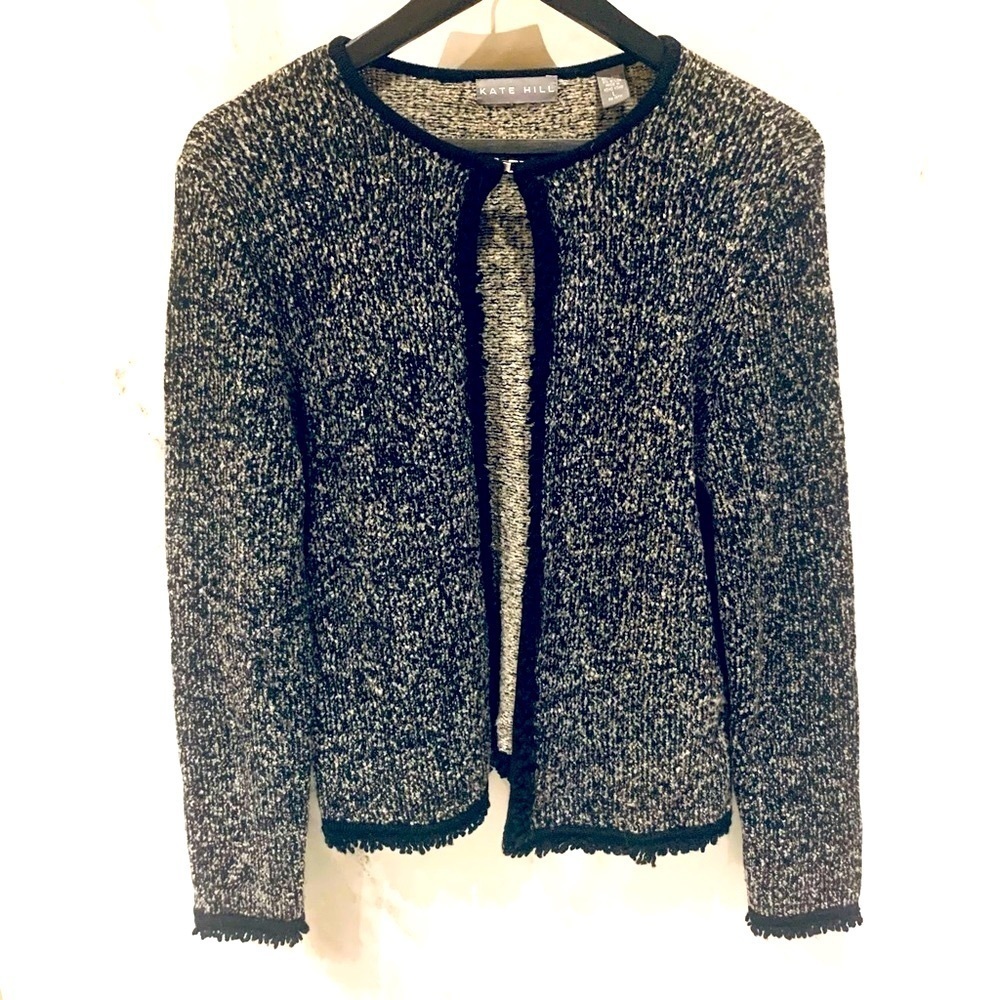KATE HILL Classic Wool Knit Collarless Cardigan, Blazer, black and gray